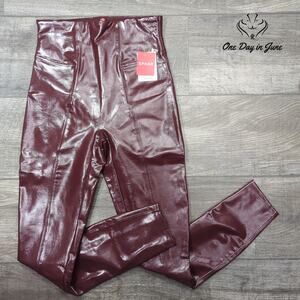 SPANX High-Waist Shiny Faux-Leather Ankle Pants in Burgundy